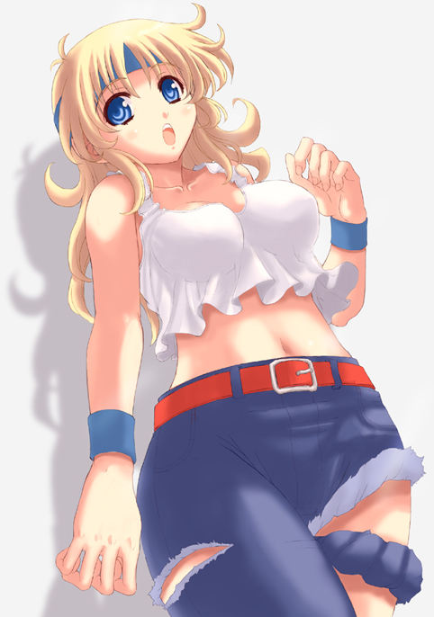 lune zoldark, banpresto, super robot wars, super robot wars original generation, super robot wars the lord of elemental, 1girl, asymmetrical clothes, belt, blonde hair, blue eyes, breasts, cleavage, denim, female focus, headband, jeans, large breasts, midriff, navel, pants, single pantsleg, solo, tank top, torn clothes, torn jeans, torn pants, wristband