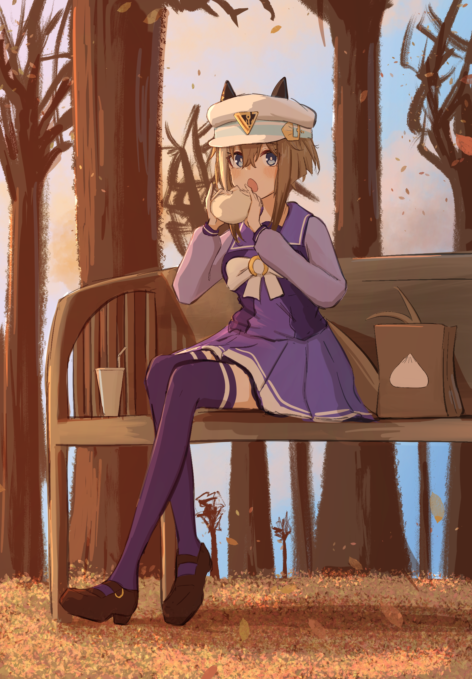 disfiro03, cheval grand (umamusume), umamusume, highres, 1girl, animal ears, blue eyes, blush, bow, brown hair, brown shoes, ears through headwear, food, hair between eyes, hat, holding, holding food, horse ears, horse girl, horse tail, long sleeves, looking at viewer, on bench, open mouth, peaked cap, purple sailor collar, purple shirt, purple skirt, purple thighhighs, sailor collar, shirt, shoes, short hair, sitting, skirt, solo, tail, thighhighs, white bow, white hat