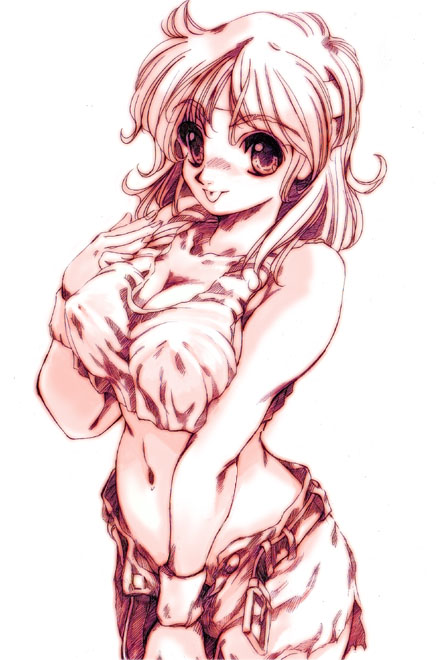 hisahiko, lune zoldark, banpresto, super robot wars, super robot wars original generation, super robot wars the lord of elemental, 1girl, :p, belt, breasts, breasts squeezed together, cleavage, covered erect nipples, denim, female focus, headband, jeans, large breasts, midriff, monochrome, navel, open belt, open fly, pants, simple background, solo, tank top, tongue, tongue out, torn clothes, torn jeans, torn pants, unbuckled, unbuttoned, unzipped