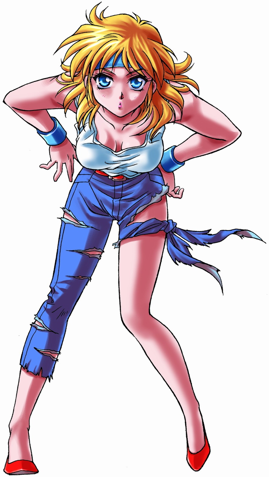 kouno sachiko, lune zoldark, banpresto, super robot wars, super robot wars original generation, super robot wars the lord of elemental, highres, official art, 1girl, :o, asymmetrical clothes, belt, bent over, blonde hair, blue eyes, blush, breasts, cleavage, cutoffs, denim, downblouse, female focus, foreshortening, full body, hands on own hips, headband, jeans, large breasts, leaning forward, legs, lipstick, looking at viewer, makeup, open mouth, pants, red shoes, shirt, shoes, short hair, simple background, single pantsleg, solo, standing, tank top, taut clothes, taut shirt, torn clothes, torn jeans, torn pants, wristband