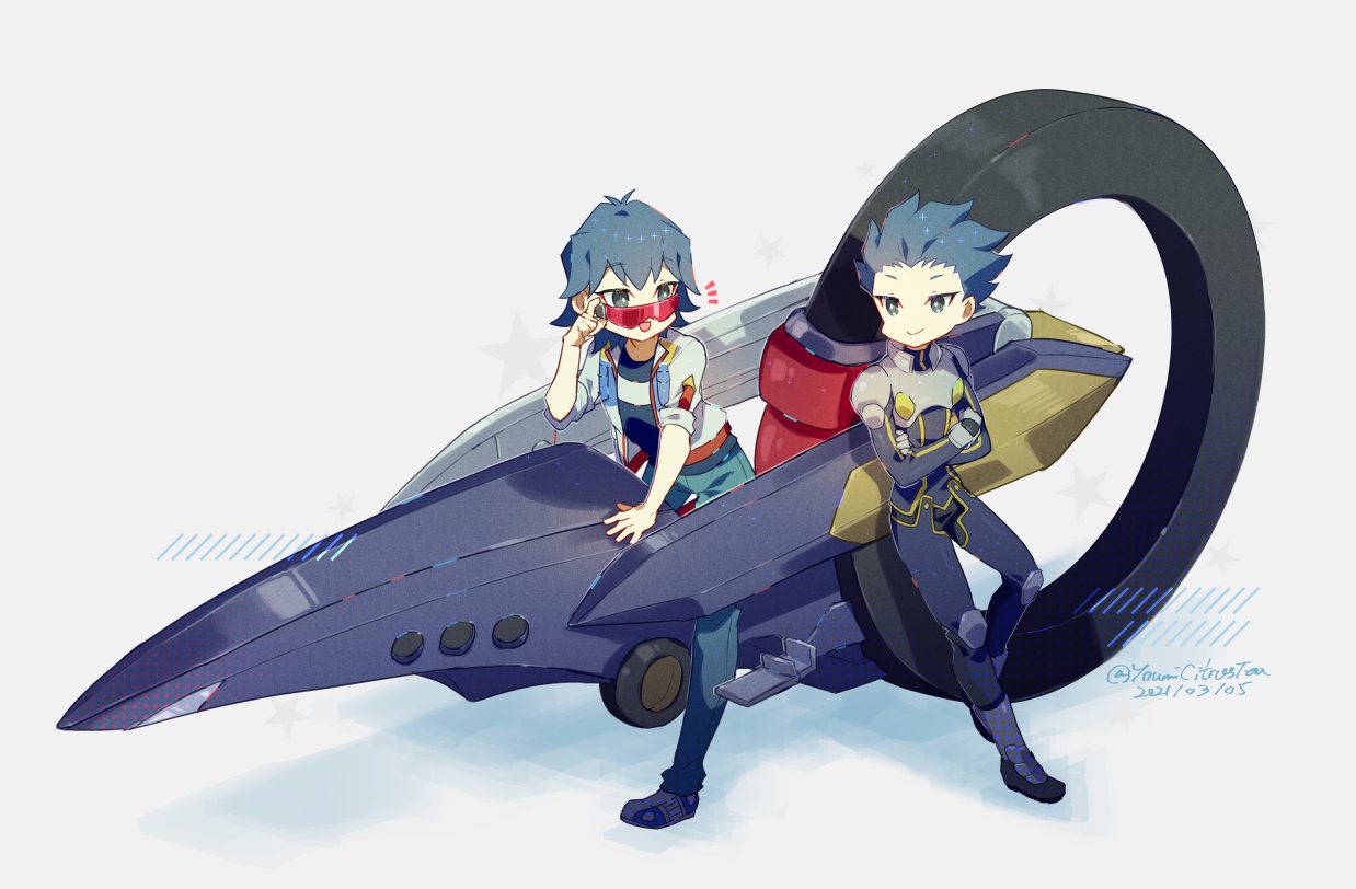 youmicitrustea, yu-gi-oh!, yu-gi-oh! 5d's, yu-gi-oh! gx, 2boys, blue hair, full body, jacket, male focus, motor vehicle, motorcycle, multiple boys, red-tinted eyewear, short hair, simple background, sunglasses, tinted eyewear, white background
