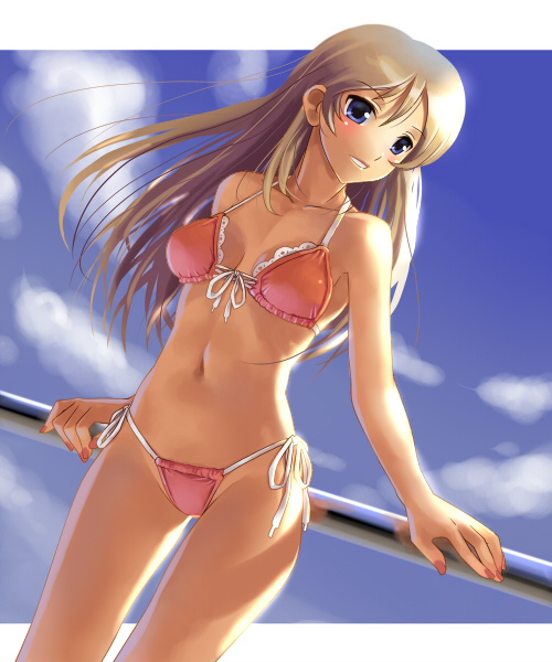katahira masashi, original, 1girl, bikini, blue eyes, brown hair, cowboy shot, day, female focus, long hair, nail polish, orange bikini, side-tie bikini bottom, solo, string bikini, swimsuit