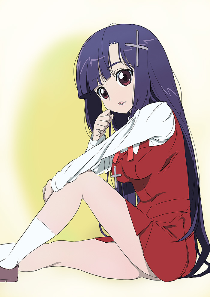 kawasaki kazuhiko, zange, kannagi, bad id, bad pixiv id, 00s, long hair, purple hair, school uniform, socks, solo