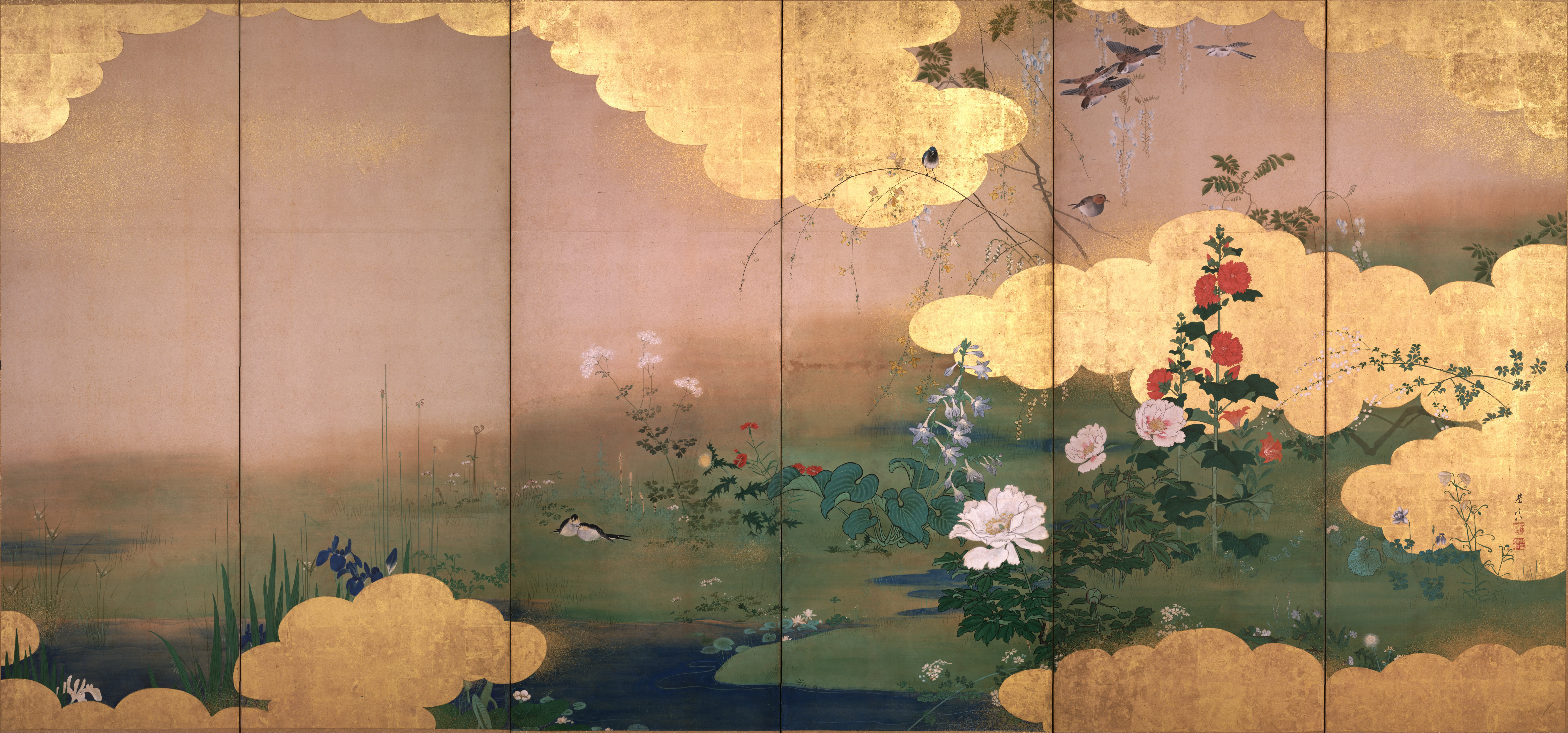 shibata zeshin, original, absurdres, highres, traditional media, 19th century, bird, blue flower, cloud, flower, flying, grass, leaf, no humans, outdoors, perching, red flower, tree, white flower