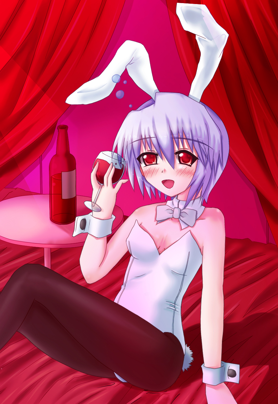 shefu, kotonomiya yuki, suigetsu, bad id, bad pixiv id, highres, 1girl, alcohol, animal ears, bad anatomy, bad hands, blue hair, bottle, chalice, cup, cupping glass, fake animal ears, female focus, pantyhose, playboy bunny, poorly drawn, rabbit ears, red eyes, short hair, solo, wine
