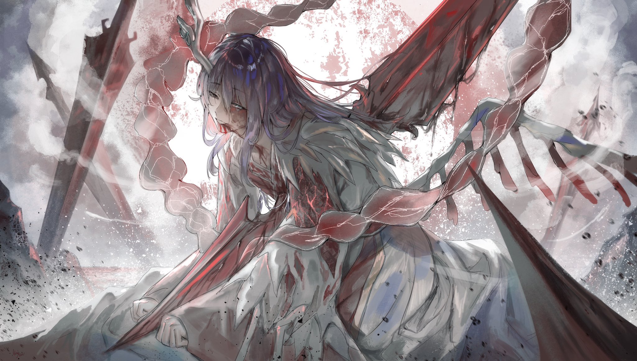 mei mezu, hong lu (project moon), limbus company, project moon, commentary, english commentary, highres, 1boy, antler ring, antlers, black hair, blood, blood on clothes, blood on face, chinese clothes, e.g.o (project moon), eastern dragon horns, hanfu, heterochromia, horn ornament, horn ring, horns, impaled, long hair, open mouth, polearm, single antler, smile, solo, spear, tears of the tarnished blood (e.g.o), two-tone hanfu, two-tone robe, weapon, wings