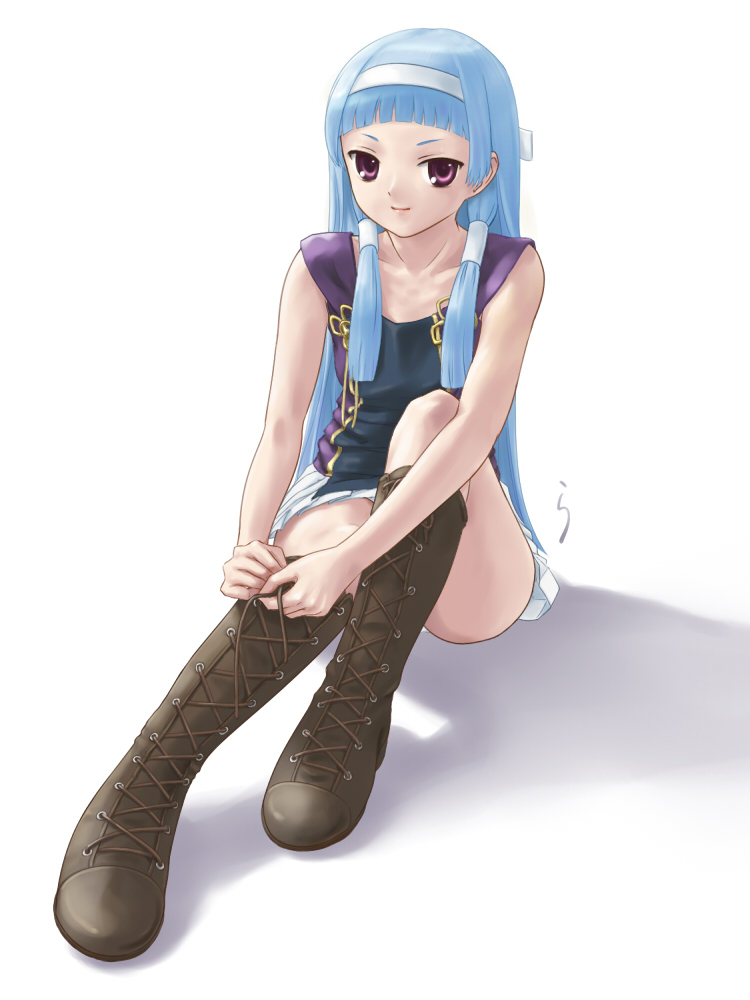 rasukaru, nagi, kannagi, 00s, blue hair, blunt bangs, hair tubes, hairband, long hair, purple eyes, sitting, solo