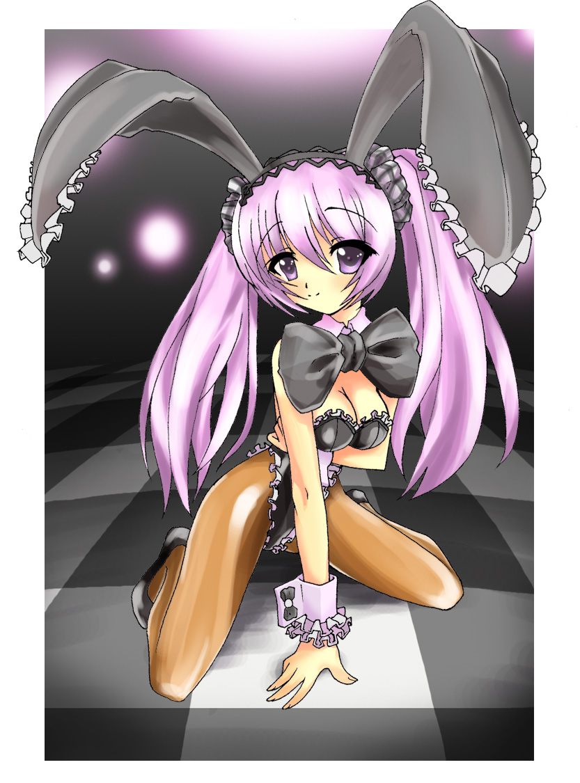 yukigumo, bad id, bad pixiv id, animal ears, fake animal ears, frills, kneeling, pantyhose, playboy bunny, purple eyes, purple hair, rabbit ears, twintails