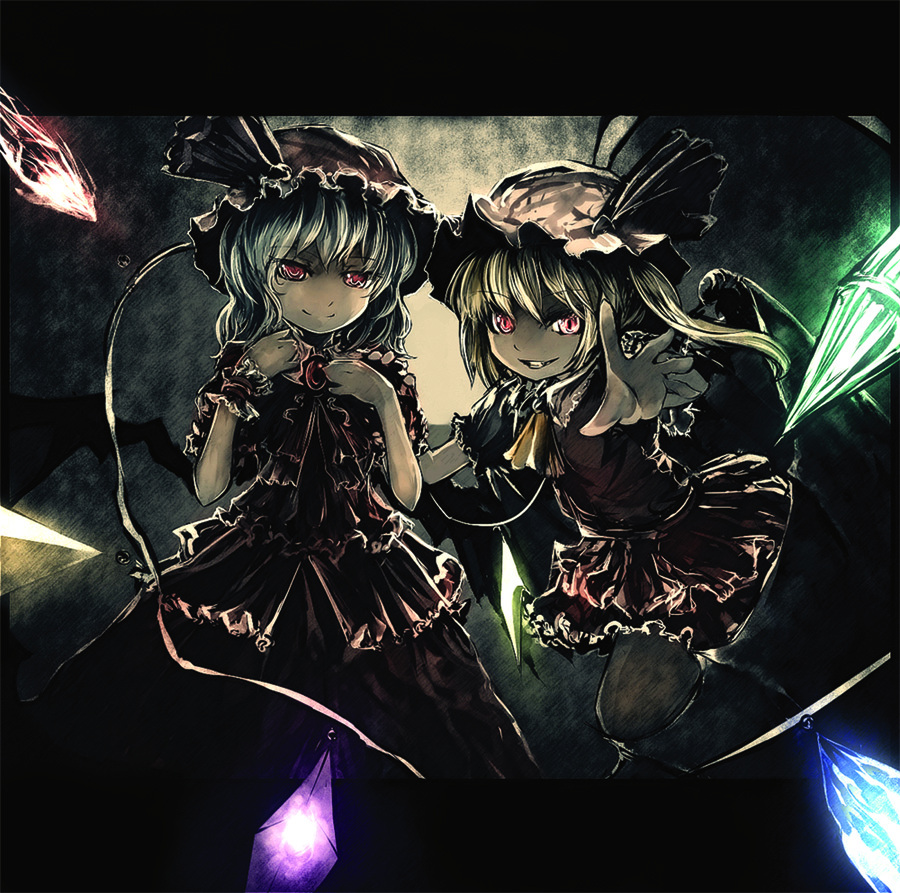suisai (suisao), flandre scarlet, remilia scarlet, touhou, 2girls, blonde hair, blue hair, female focus, hat, multiple girls, red eyes, short hair, siblings, sisters, wings