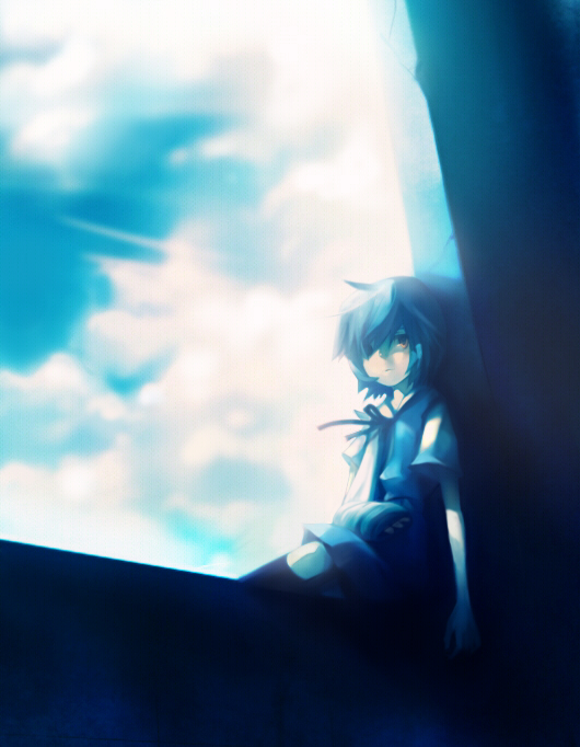sui (petit comet), ayanami rei, neon genesis evangelion, bad id, bad pixiv id, 1girl, blue theme, cloud, cloudy sky, day, female focus, looking at viewer, monochrome, pillar, sailor collar, school uniform, serafuku, short hair, short sleeves, sky, solo, thighhighs, zettai ryouiki