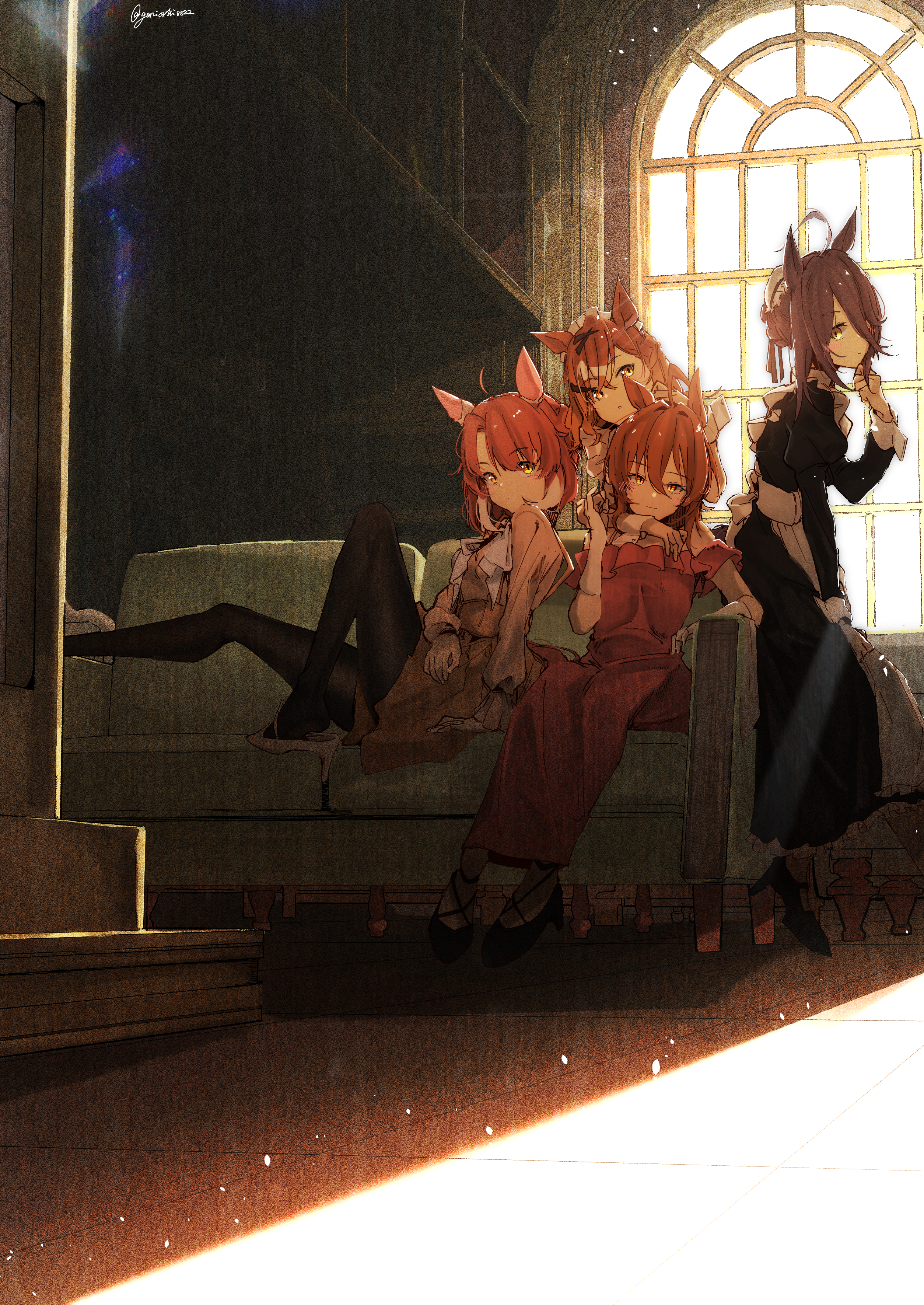 gorioshi0802, agnes tachyon (umamusume), dantsu flame (umamusume), jungle pocket (umamusume), manhattan cafe (umamusume), umamusume, absurdres, highres, 4girls, animal ears, apron, bare shoulders, black dress, black pantyhose, black shoes, blush, brown dress, brown hair, closed mouth, couch, dress, ear covers, hair between eyes, hair bun, high heels, horse ears, horse girl, horse tail, jam (umamusume), long sleeves, maid, maid apron, maid headdress, multiple girls, off-shoulder dress, off shoulder, on couch, orange hair, pantyhose, shoes, short hair, sidelocks, sitting, smile, tail, white apron, white shoes