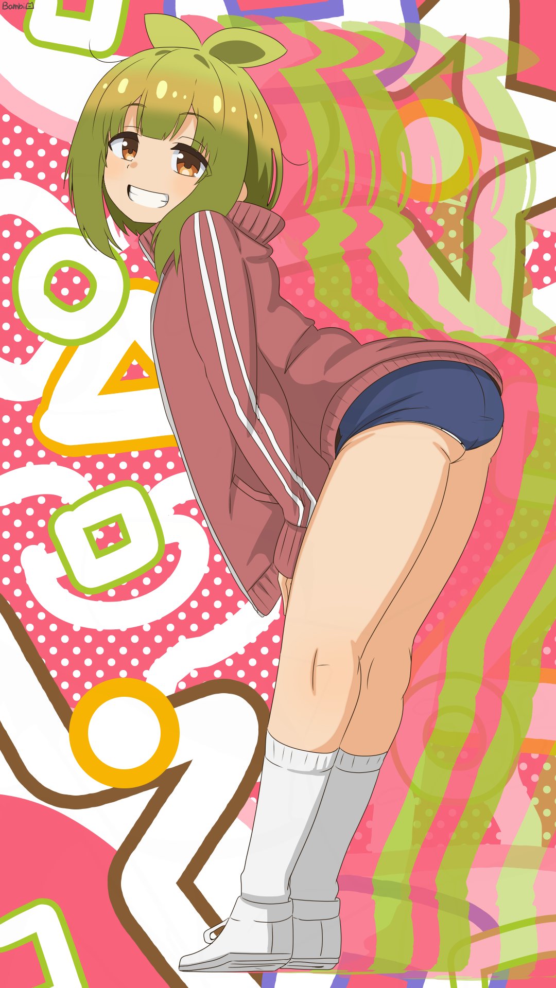 bambi2000line, bashame meme, shikanoko nokonoko koshitantan, highres, 1girl, blue buruma, bob cut, brown eyes, buruma, gluteal fold, green hair, inverted bob, jacket, leaning forward, long sleeves, looking at viewer, lying, on back, plant hair, polka dot, polka dot background, red jacket, shoes, short hair with long locks, sidelocks, silhouette, smile, socks, sportswear, teeth, track jacket, white shoes, white socks