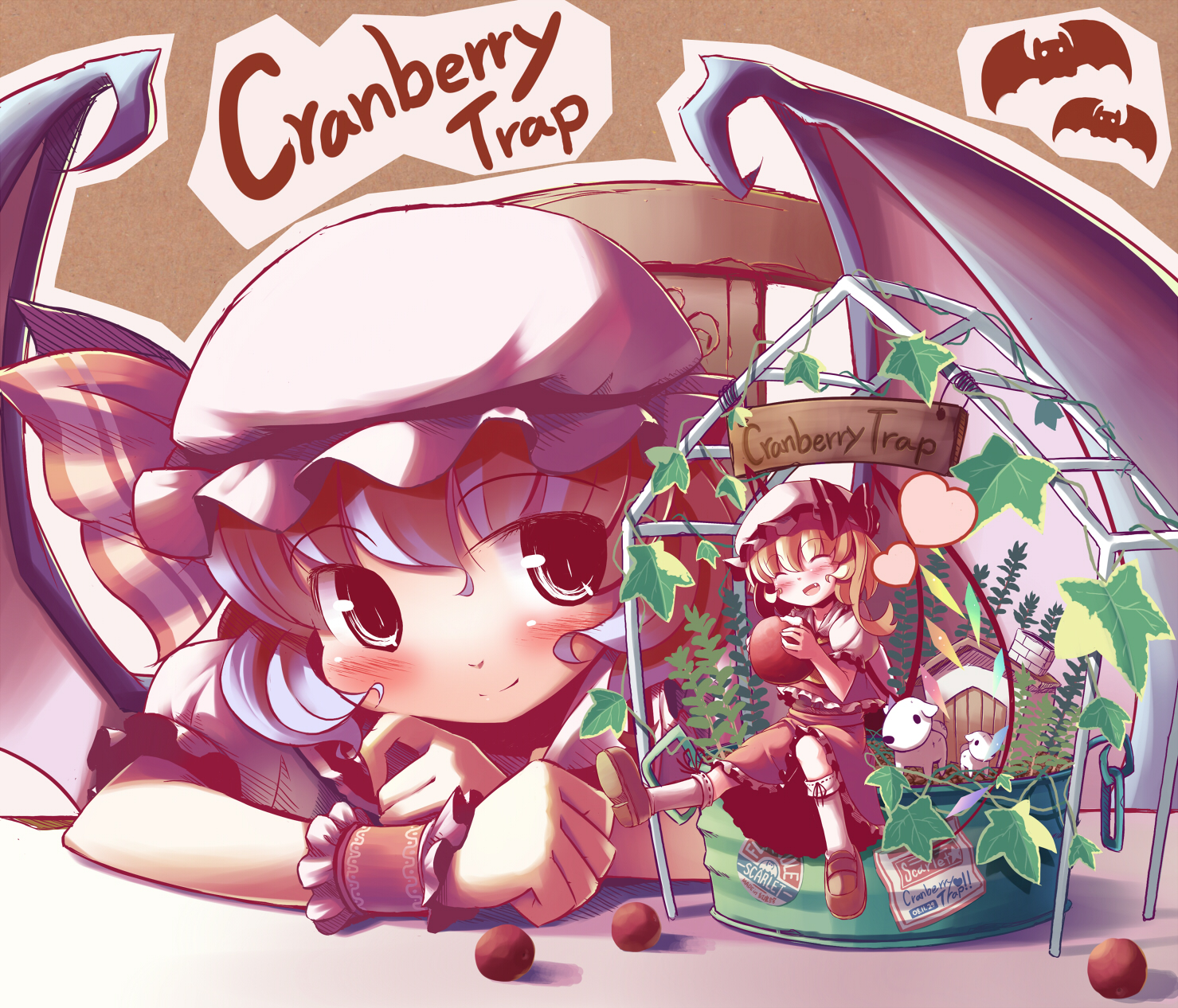 takahero, flandre scarlet, remilia scarlet, touhou, highres, 2girls, bat wings, blonde hair, blue hair, blush, female focus, hat, heart, multiple girls, ribbon, short hair, siblings, sisters, smile, wings