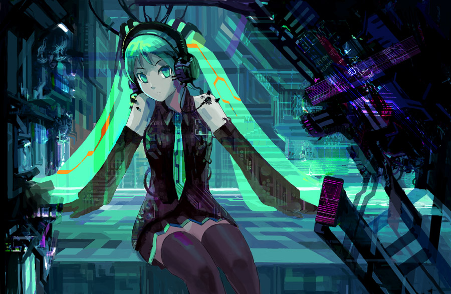 denki, hatsune miku, vocaloid, bad id, bad pixiv id, detached sleeves, green eyes, green hair, headphones, long hair, necktie, science fiction, sitting, solo, thighhighs, twintails, zettai ryouiki