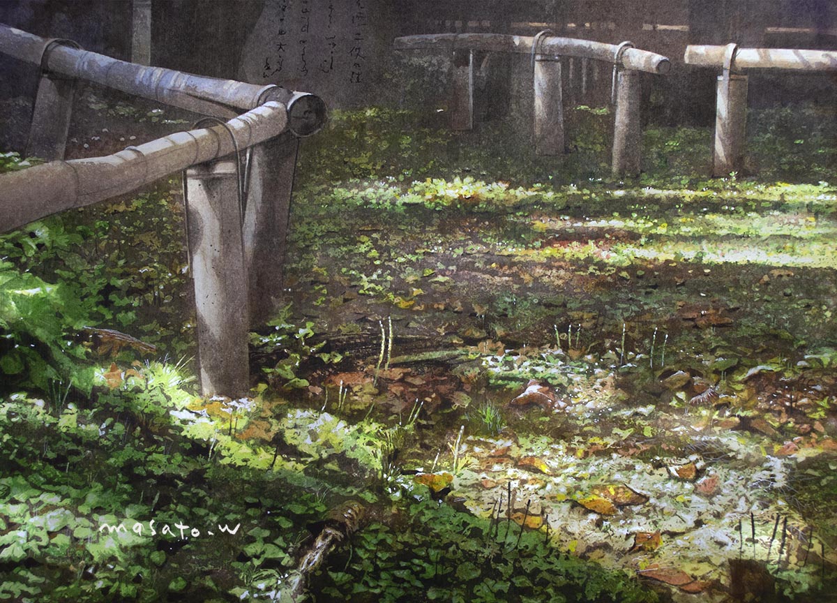watanabe masato, original, commentary request, painting (medium), traditional media, watercolor (medium), branch, day, fence, grass, leaf, no humans, outdoors, scenery, stone tablet, sunlight, wooden fence