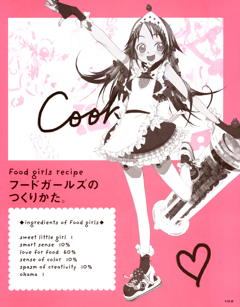 okama, strawberry-chan, food girls, artbook, highres, 1girl, apron, arm warmers, armband, bonnet, female focus, food, frills, fruit, garter straps, heart, jar, jewelry, monochrome, one eye closed, pink background, pink eyes, pink hair, pink theme, ring, shoes, socks, solo, strawberry, thighhighs, waitress, wink