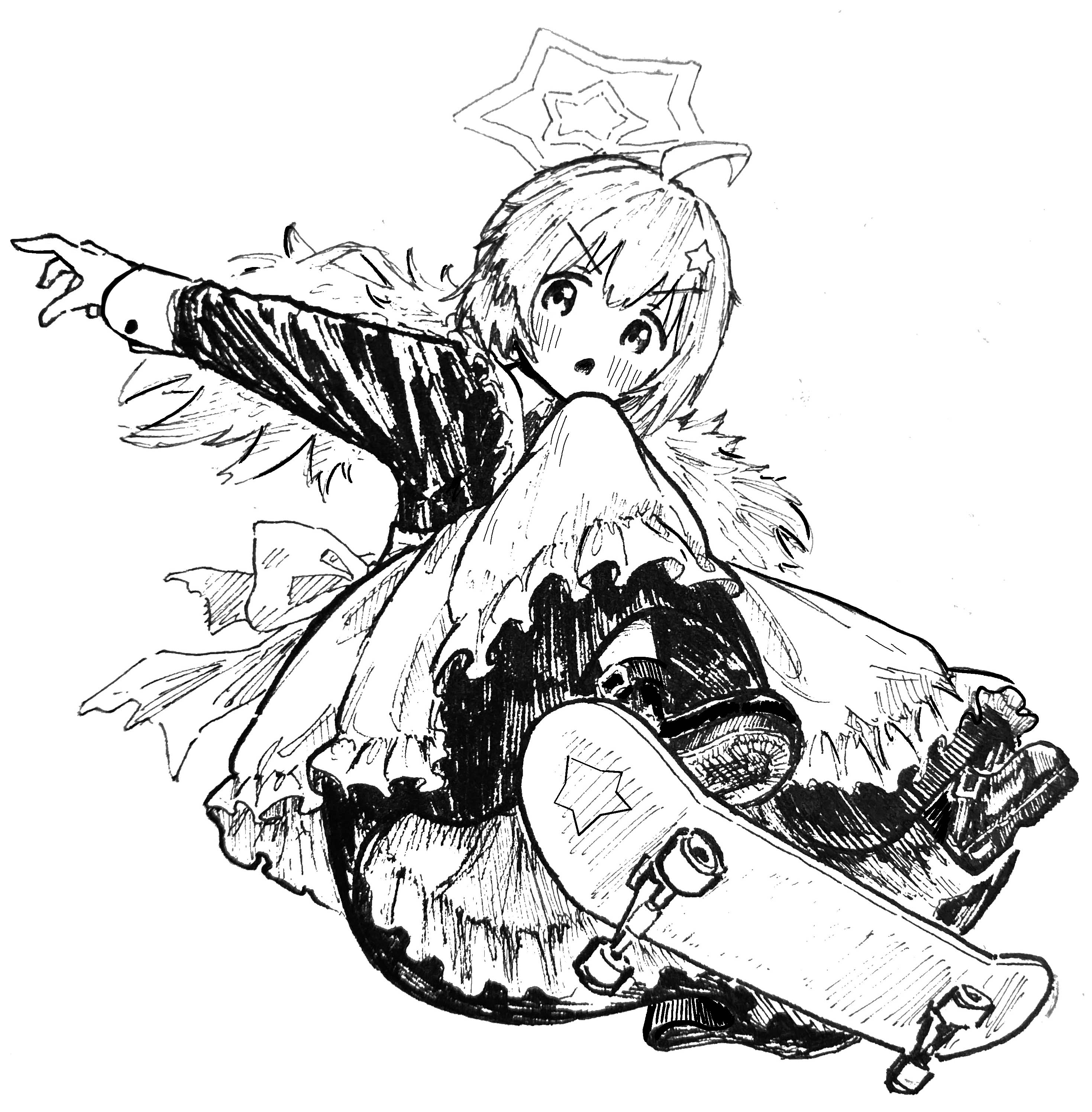 shiokaze1409, reisa (blue archive), blue archive, absurdres, commentary, english commentary, highres, 1girl, ahoge, blush, from below, greyscale, hair ornament, halo, jacket, long hair, long sleeves, monochrome, open mouth, pleated skirt, school uniform, serafuku, simple background, skateboard, skateboarding, skirt, solo, star (symbol), star hair ornament, twintails, white background