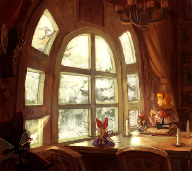 iwamoto zerogo, alice margatroid, kirisame marisa, shanghai doll, touhou, looking away, 1girl, blonde hair, book, candle, capelet, chair, doll, female focus, indoors, open book, room, slice of life, solo, steam, table, tea, window