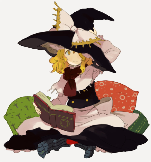 iwamoto zerogo, kirisame marisa, touhou, 1girl, apron, blonde hair, book, female focus, hand on headwear, hand on own head, hat, indian style, long sleeves, open book, pillow, reading, scarf, simple background, sitting, socks, solo, striped clothes, striped socks, witch, witch hat, yellow eyes