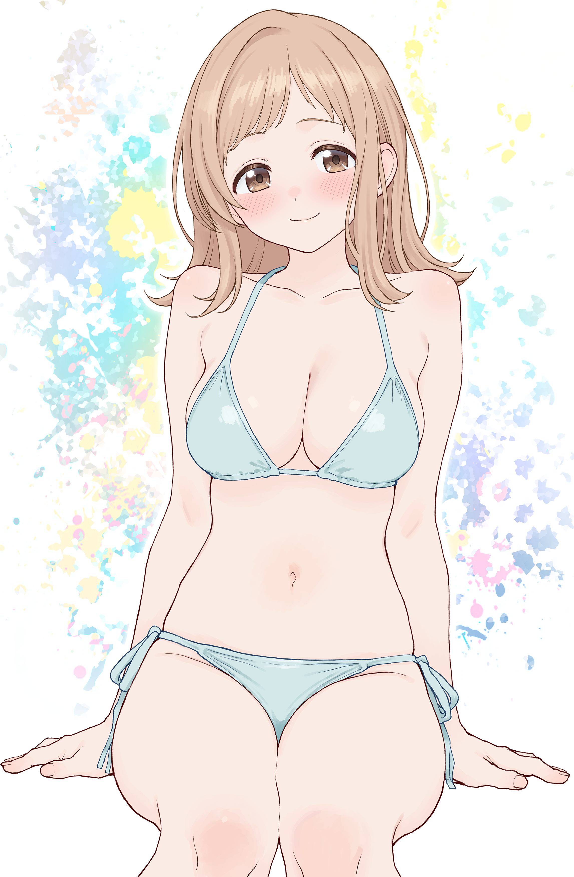 sakuragi mano, idolmaster, idolmaster shiny colors, absurdres, check commentary, commentary request, highres, 1girl, arm support, armpit crease, bare legs, bikini, blue bikini, blush, breasts, brown hair, collarbone, feet out of frame, fingernails, flipped hair, halterneck, invisible chair, looking at viewer, medium breasts, medium hair, nagisa (omiwatari no ya), navel, side-tie bikini bottom, sitting, smile, solo, stomach, string bikini, swimsuit