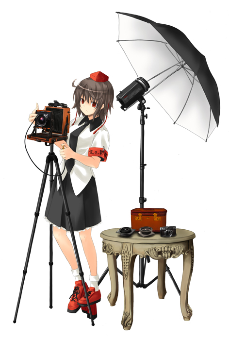 nabeshima tetsuhiro, shameimaru aya, touhou, looking away, 1girl, bellows camera, camera, expressionless, female focus, geta, hat, solo, tengu-geta