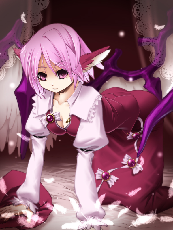 you naka, mystia lorelei, touhou, 1girl, all fours, animal ears, breasts, cleavage, feathers, female focus, hat, head wings, looking at viewer, pink eyes, pink hair, seductive smile, skirt, smile, solo, unworn hat, unworn headwear, wings