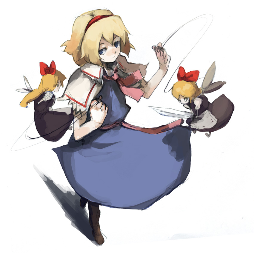 kasa (hitori sanka), alice margatroid, shanghai doll, touhou, 1girl, blonde hair, blue dress, capelet, doll, dress, female focus, flying, hairband, looking at viewer, short hair, simple background, size difference, solo, white background