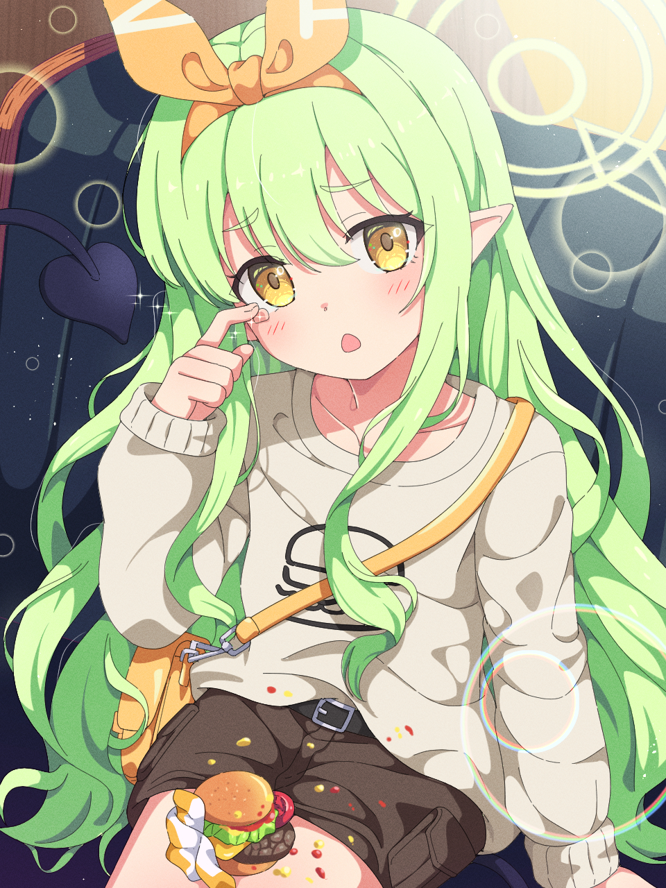 mikoshi (user wvyd4348), hikari (blue archive), hikari (mom's touch) (blue archive), blue archive, highres, 1girl, blush, bow hairband, brown shorts, burger, food, green hair, green halo, grey shirt, hair between eyes, hairband, halo, long hair, looking at viewer, official alternate costume, open mouth, orange hairband, pointy ears, shirt, shorts, sidelocks, solo, yellow eyes