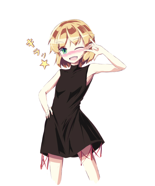 aikata, mizuhashi parsee, touhou, 1girl, m/, alternate costume, blonde hair, blush, fang, female focus, green eyes, hand on own hip, open mouth, pointy ears, short hair, simple background, sleeveless, sleeveless turtleneck, smile, solo, turtleneck