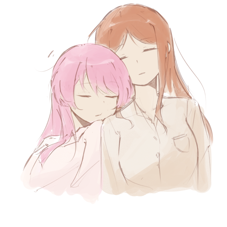 chihaya anon, nagasaki soyo, bang dream!, bang dream! it's mygo!!!!!, commentary, 2girls, brown hair, closed eyes, dress shirt, long hair, maa-chan (sima), multiple girls, parted lips, pink hair, shirt, sidelocks, simple background, sleeping, sleeping on person, white background, white shirt, yuri