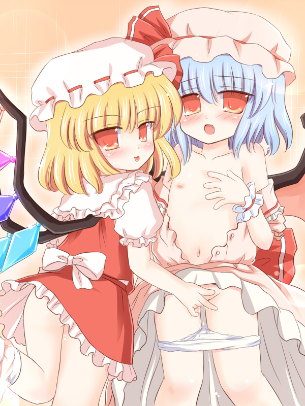 ry (yagoyago), flandre scarlet, remilia scarlet, touhou, 2girls, female focus, flat chest, hat, incest, loli, multiple girls, nipples, red eyes, ribbon, siblings, sisters, wings, yuri