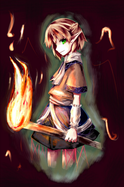 aikata, mizuhashi parsee, touhou, 1girl, blonde hair, female focus, green eyes, half updo, pointy ears, profile, short hair, solo, torch