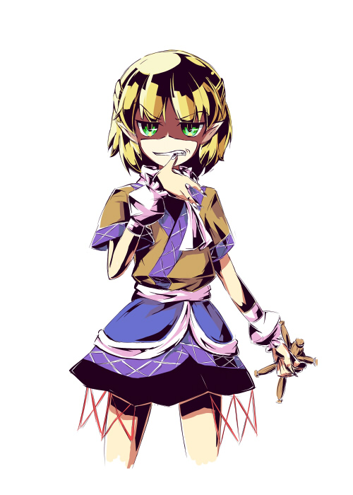 aikata, mizuhashi parsee, touhou, 1girl, biting, biting own thumb, blonde hair, doll, female focus, green eyes, pointy ears, short hair, solo, straw doll, voodoo doll