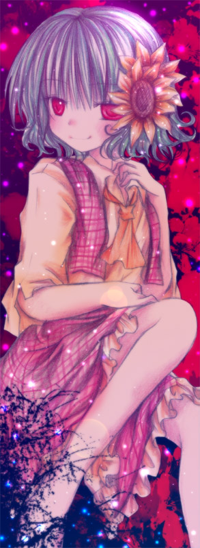 kasuga sunao, kazami yuuka, touhou, 1girl, ascot, female focus, flower, green hair, hair flower, hair ornament, legs, plaid clothes, plaid skirt, plaid vest, red eyes, short hair, sitting, skirt, skirt set, smile, solo, sunflower, vest