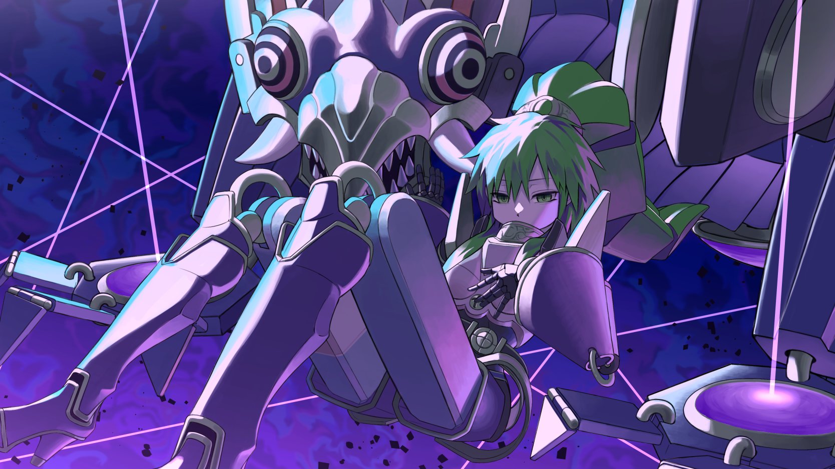 bebebe mayakasi, el shaddoll winda, winda (yu-gi-oh!), yu-gi-oh!, highres, 1girl, breasts, doll joints, dragon, duel monster, green eyes, green hair, hand on own chest, joints, long hair, mechanical arms, mechanical legs, medium breasts, multiple girls, ponytail, puppet strings, sitting, wide sleeves