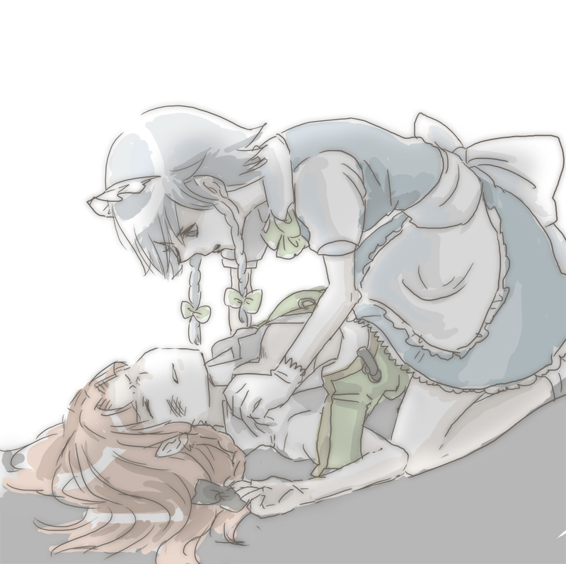 ituka, notsuki miko, hong meiling, izayoi sakuya, embodiment of scarlet devil, touhou, silver hair, 2girls, breasts, female focus, hairband, imminent rape, long hair, maid, medium breasts, multiple girls, open clothes, open shirt, red hair, ribbon, scratches, shirt, short hair, yuri