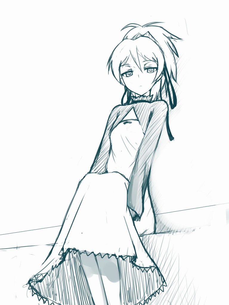 pen (pen3), yin (darker than black), darker than black, bad id, bad pixiv id, 00s, 1girl, aqua theme, dress, female focus, flat chest, monochrome, serious, sketch, solo