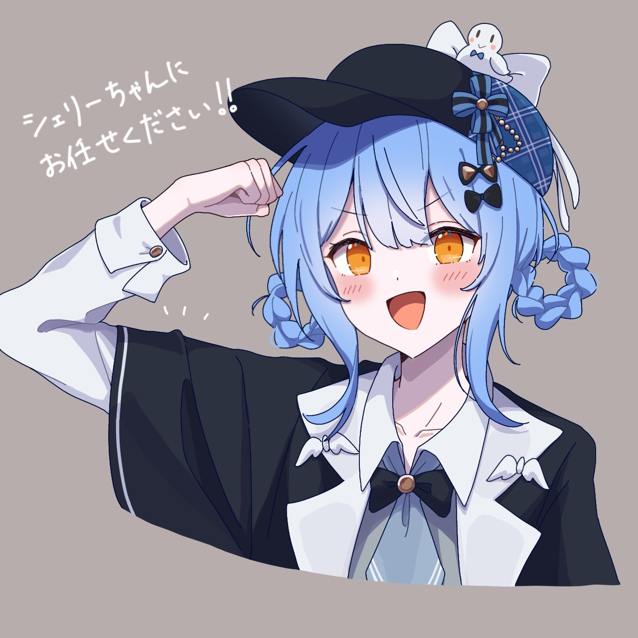 ama (ama ekaku), tachibana sherry, mahou shoujo no majo saiban, highres, 1girl, bird hat ornament, black capelet, blue hair, blue necktie, braid, braided hair rings, capelet, clenched hand, deerstalker, detective, grey background, hair rings, hat, looking at viewer, magical girl, necktie, open mouth, orange eyes, simple background, smile, solo