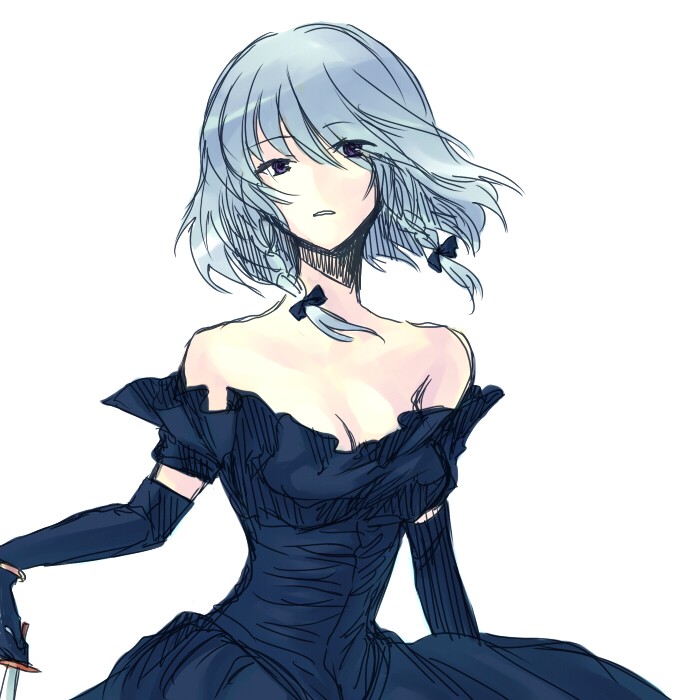onimaru gonpei, izayoi sakuya, touhou, silver hair, 1girl, alternate costume, bare shoulders, blue eyes, braid, dress, elbow gloves, expressionless, female focus, gloves, gown, knife, no nose, ribbon, short hair, sketch, solo, strapless, strapless dress, throwing knife, twin braids, upper body, weapon
