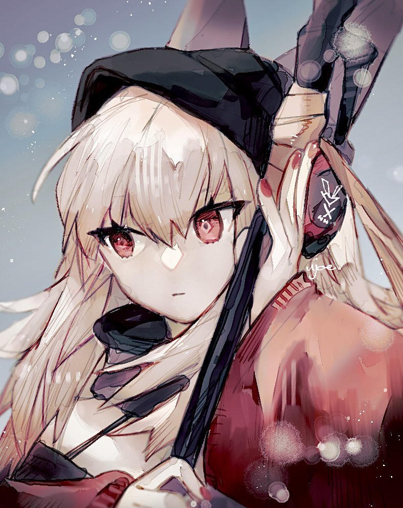frostleaf (arknights), arknights, commentary request, partial commentary, 1girl, :|, animal ears, arm up, averting eyes, black collar, black hat, closed mouth, collar, detached collar, expressionless, hair between eyes, hand up, hat, headphones, holding, holding polearm, holding weapon, long hair, one-hour drawing challenge, polearm, portrait, red eyes, red nails, red sleeves, signature, single bare shoulder, solo, ujoe 7hr, weapon, white hair, wide sleeves