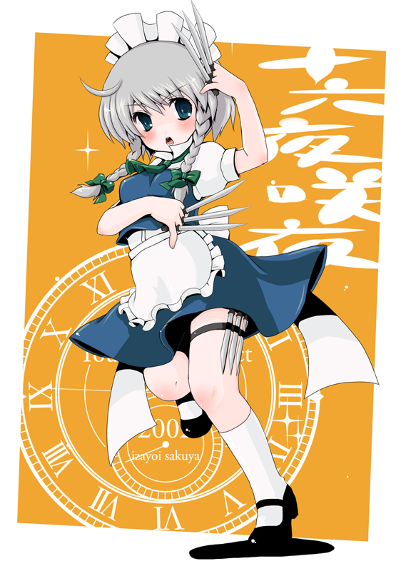 yukiu con, izayoi sakuya, touhou, silver hair, bad id, bad pixiv id, 1girl, between fingers, blue eyes, blush, female focus, hairband, holding, knife, maid, ribbon, short hair, solo, thigh strap, throwing knife, weapon
