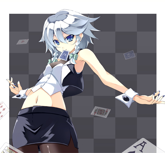 tooya, touya (the-moon), izayoi sakuya, touhou, silver hair, 1girl, bare shoulders, blue eyes, blue nails, card, female focus, floating card, hair between eyes, midriff, miniskirt, mouth hold, nail polish, pantyhose, playing card, ribbon, short hair, skirt, solo, standing