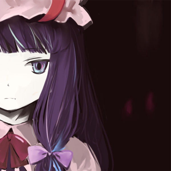 nonaka yuu, patchouli knowledge, touhou, 1girl, blunt bangs, bow, expressionless, female focus, hair bow, hat, pale skin, portrait, purple eyes, purple hair, simple background, solo