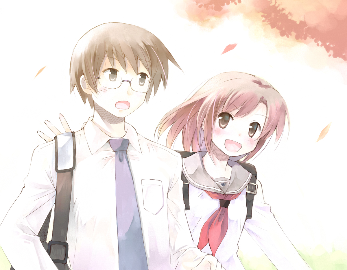 nonaka yuu, 1boy, 1girl, autumn, blush, brown hair, couple, glasses, hetero, school uniform, serafuku