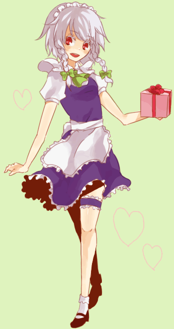 mikkabouzu (kisarisa), izayoi sakuya, embodiment of scarlet devil, touhou, silver hair, bad id, bad pixiv id, 1girl, blush, female focus, gift, hairband, heart, holding, holding gift, maid, red eyes, ribbon, short hair, solo