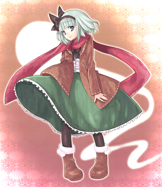midori (green tea), midori (pixiv), konpaku youmu, konpaku youmu (ghost), touhou, bad id, bad pixiv id, 1girl, black pantyhose, blue eyes, blunt bangs, bob cut, boots, coat, female focus, hairband, jacket, long skirt, looking at viewer, pantyhose, pigeon-toed, scarf, skirt, smile, solo, standing, white hair, winter clothes