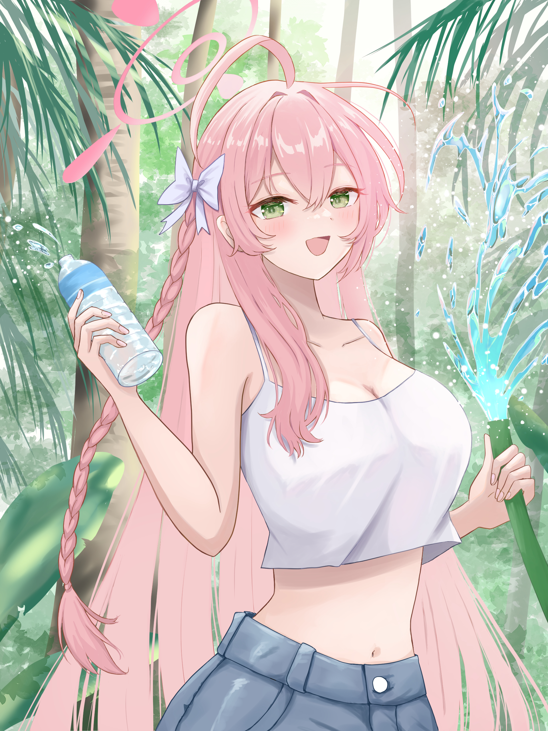 a ekoa, hanako (blue archive), blue archive, absurdres, commentary, highres, 1girl, :d, ahoge, alternate costume, bare shoulders, blush, bottle, bow, braid, breasts, casual, cleavage, collarbone, cowboy shot, crop top, day, dual wielding, eyelashes, forest, green eyes, hair bow, hair intakes, halo, hands up, happy, holding, holding bottle, holding hose, hose, huge ahoge, large breasts, long hair, looking at viewer, midriff, nature, navel, open mouth, outdoors, palm leaf, palm tree, pink hair, pink halo, shirt, single braid, sleeveless, sleeveless shirt, smile, solo, spaghetti strap, straight hair, tree, tsurime, very long hair, water, water bottle, water drop, white bow, white shirt