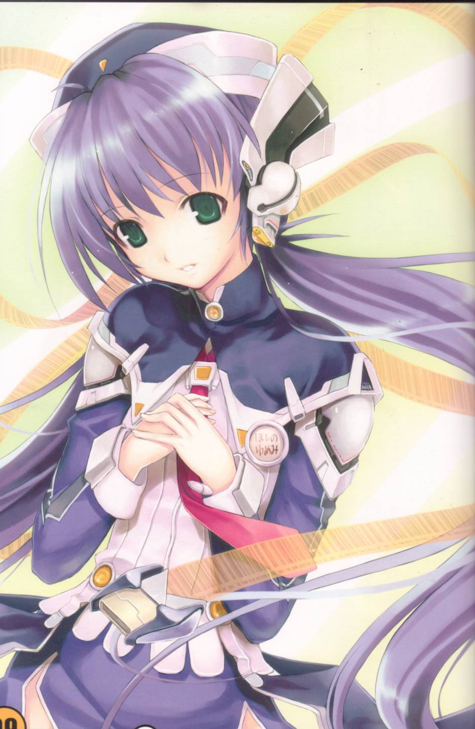 hoshino yumemi, planetarian, highres, 00s, 1girl, blue hair, female focus, green eyes, hat, long hair, purple hair, smile, solo, twintails, very long hair