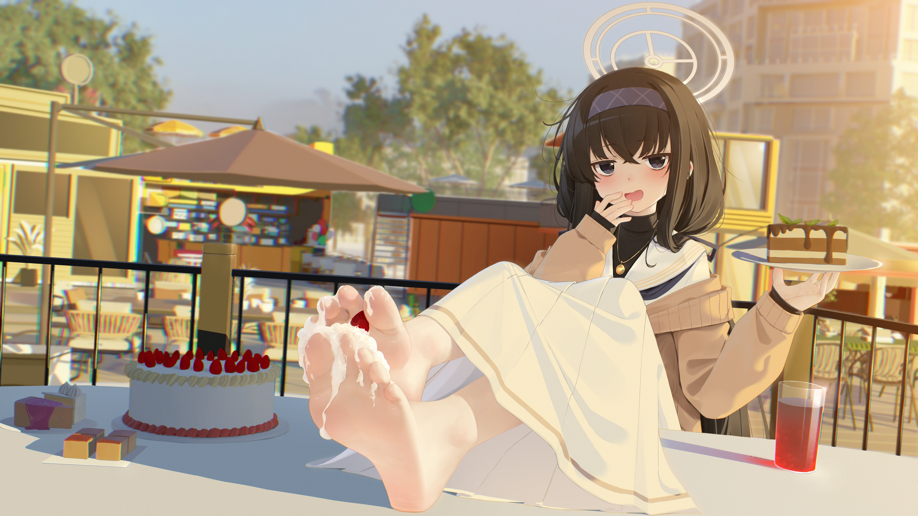 han (hehuihuihui), ui (blue archive), blue archive, absurdres, highres, 1girl, barefoot, birthday cake, black hair, blue eyes, blush, cake, cake slice, feet, feet on table, food, hairband, long hair, looking at viewer, open mouth, soles, toes, whipped cream