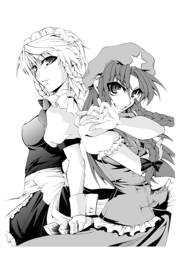 kurohanagi, hong meiling, izayoi sakuya, embodiment of scarlet devil, touhou, 2girls, breasts, female focus, greyscale, hairband, hat, long hair, maid, monochrome, multiple girls, ribbon, short hair, simple background, smile, star (symbol), white background